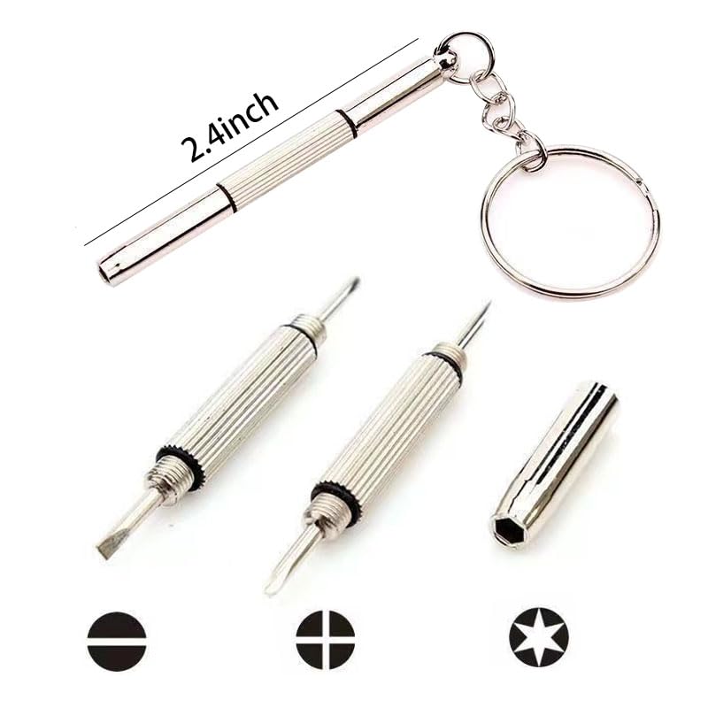 Assorted eyeglass repair tools including screws, hinges, nose pads, and a compact storage case