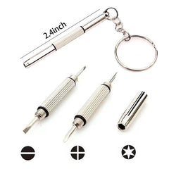 Assorted eyeglass repair tools including screws, hinges, nose pads, and a compact storage case