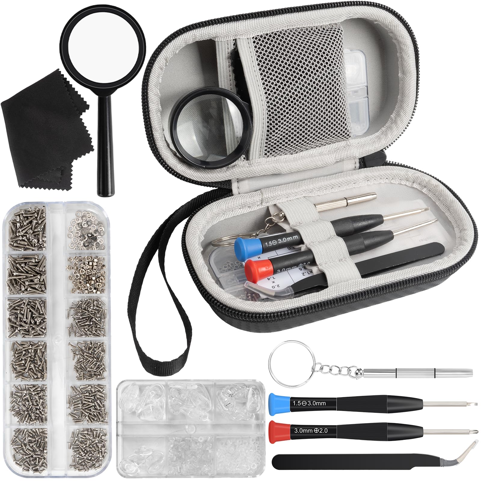 Eyeglass repair kit case with tools laid out