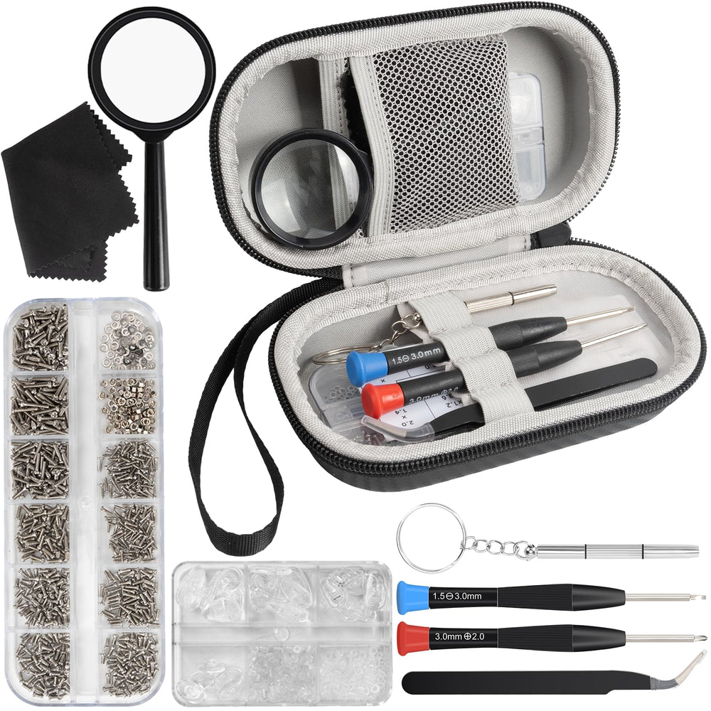 Eyeglass repair kit case with tools laid out