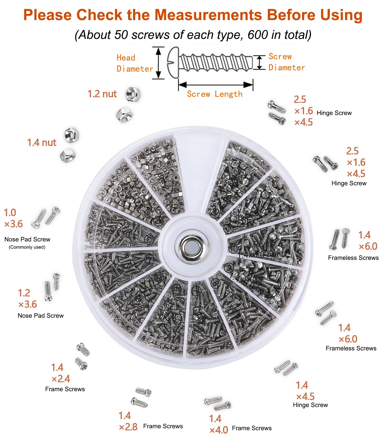 600 replacement eyeglass screws included in the kit