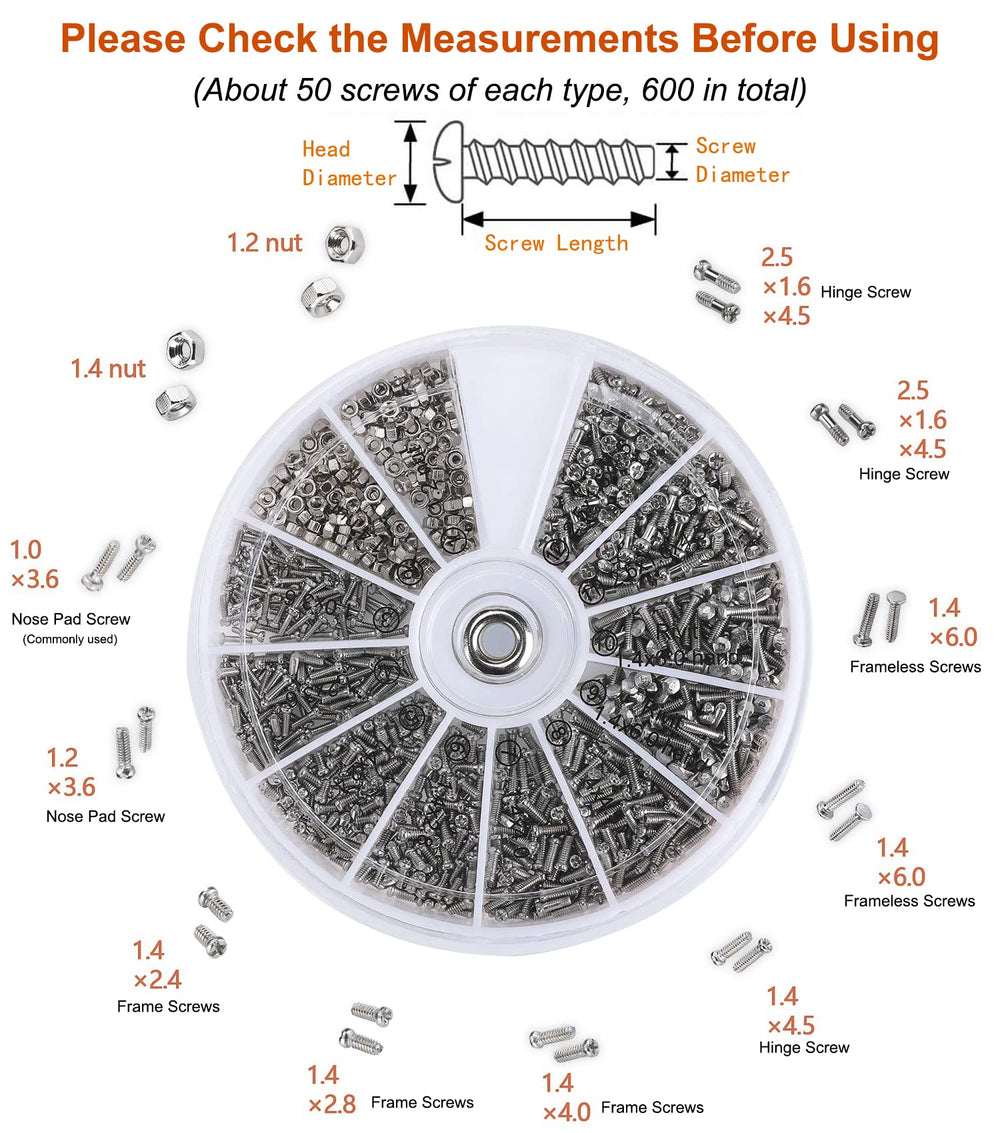 600 replacement eyeglass screws included in the kit