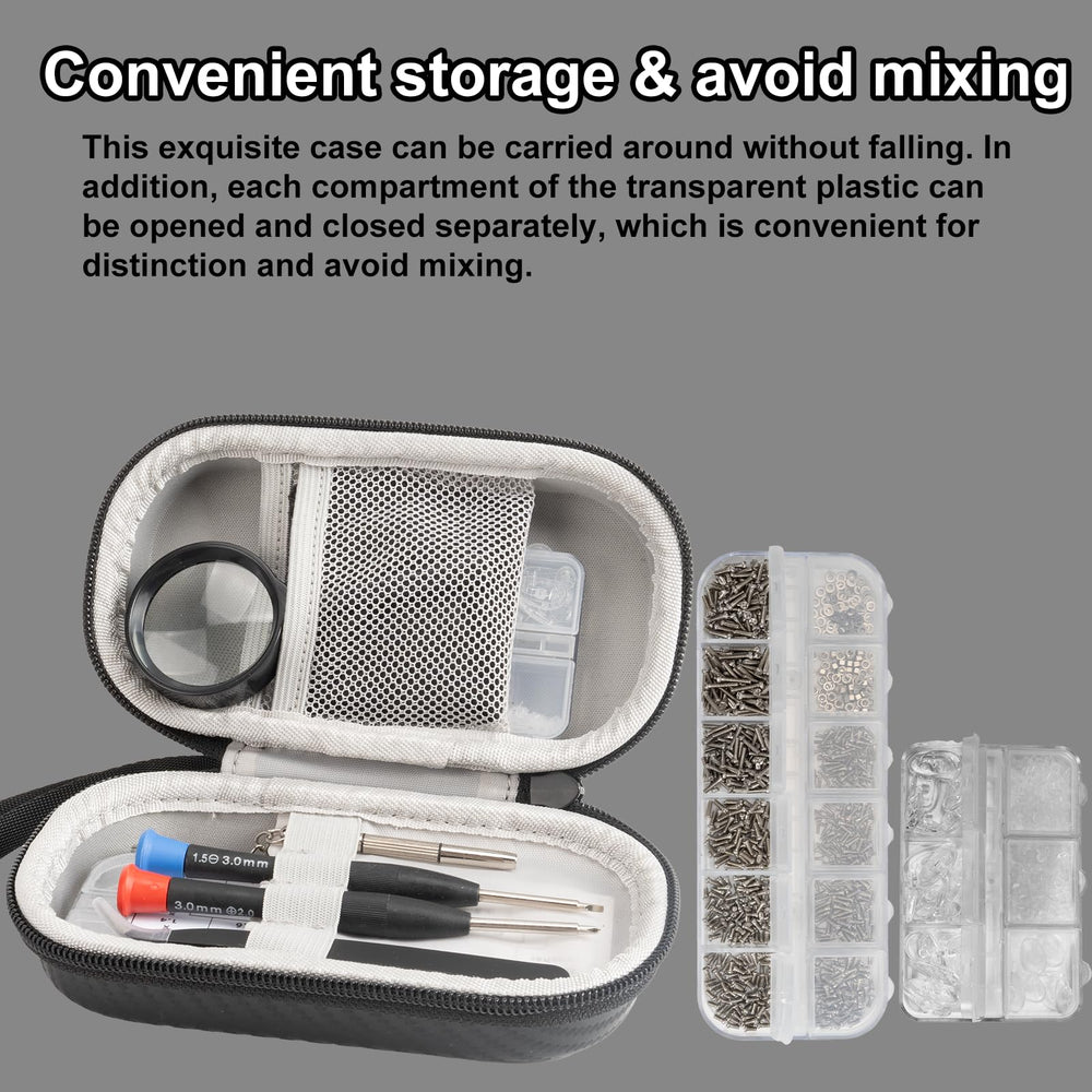 Tweezers and magnifier included in the kit