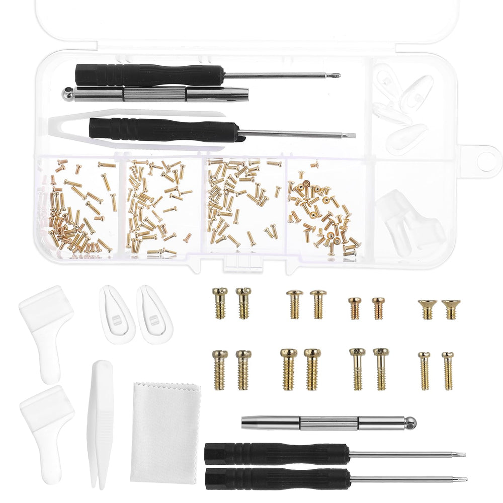 Gold eyeglass repair tool kit with screws and screwdrivers