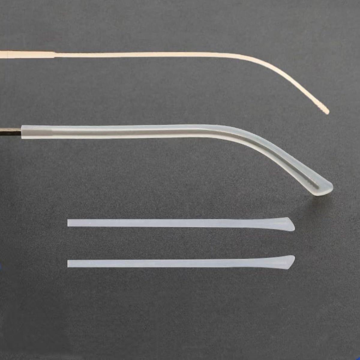Close-up of black silicone temple end tip for thin metal eyeglasses