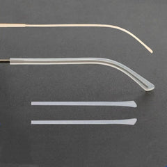 Close-up of black silicone temple end tip for thin metal eyeglasses