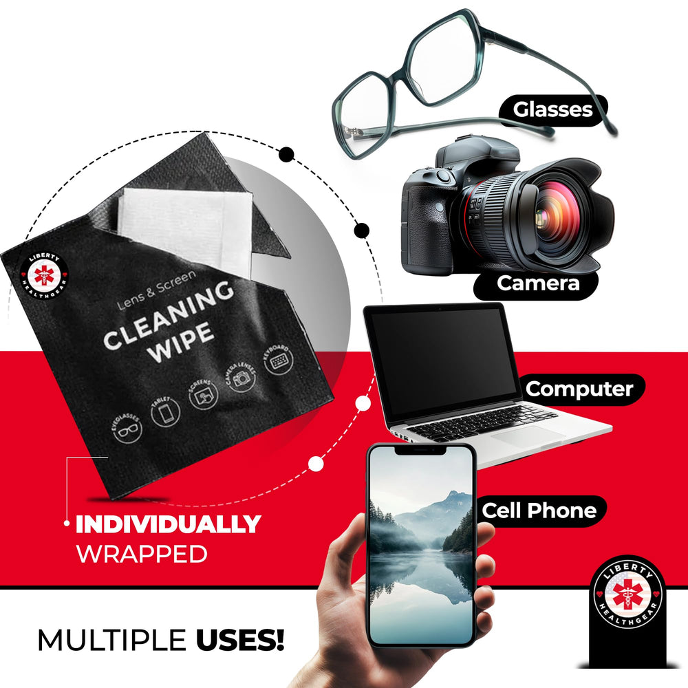 Close-up of ready-to-use eyeglass lens wipes with microfiber cloth