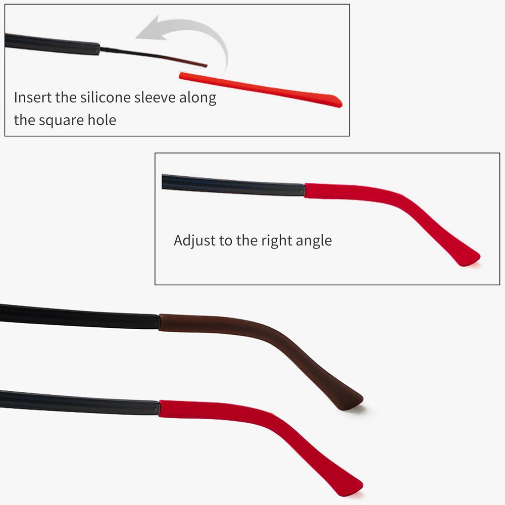 Six color options for eyeglass end tips: black, brown, white, purple, red, clear