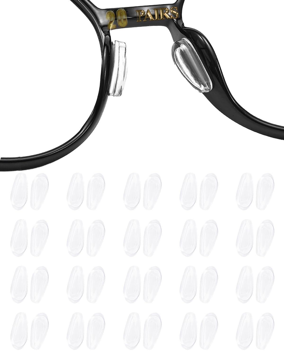 White silicone eyeglass nose pads with D shaped airbag design, 20 pairs