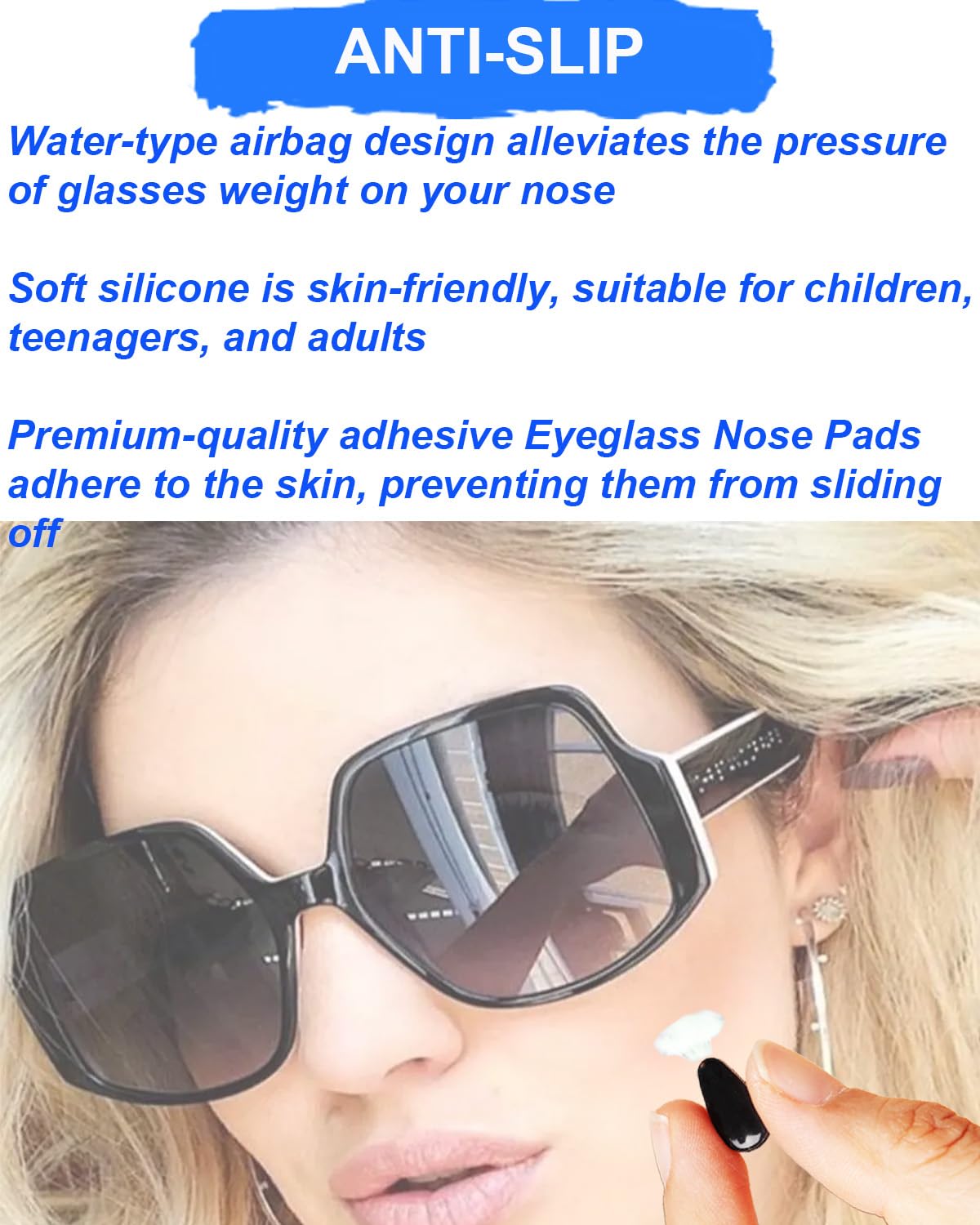 Strong adhesive backing on silicone eyeglass nose pads