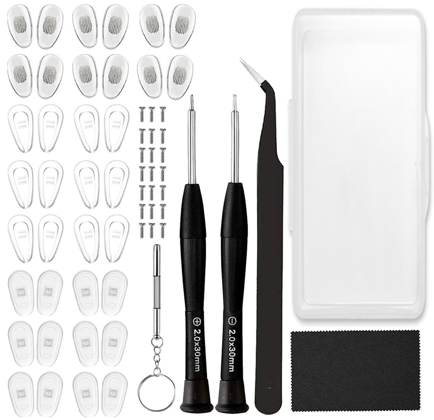 YUAENDE eyeglasses repair kit components laid out for nose pad replacement