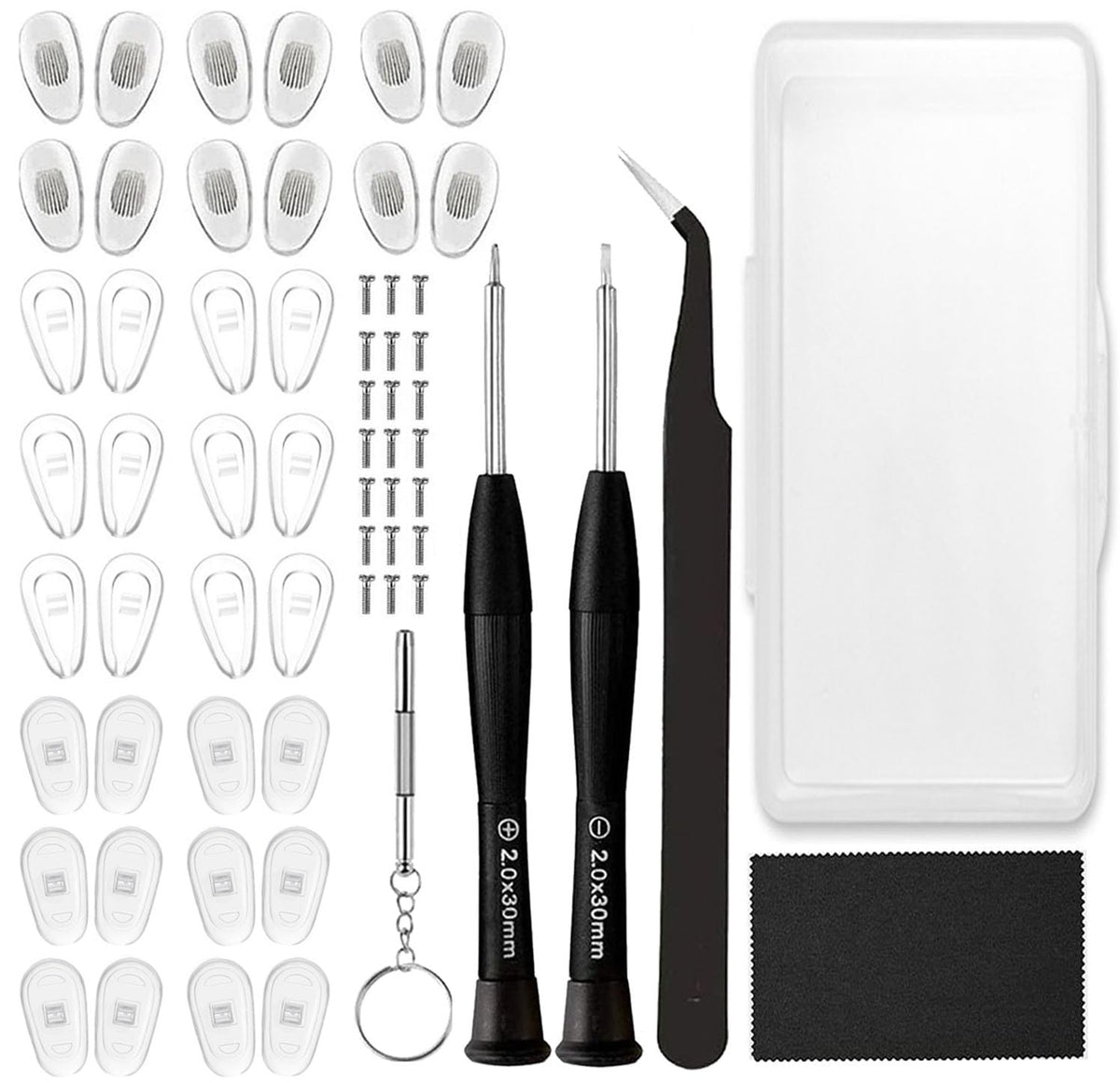 YUAENDE eyeglasses repair kit components laid out for nose pad replacement
