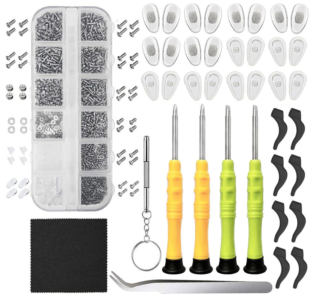 Eyeglasses repair kit contents with tools and case