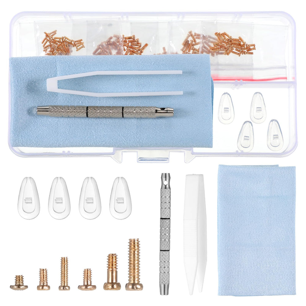 Gold eyeglass repair kit contents featuring screws, screwdrivers, nose pads, tweezers and cloth