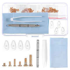 Gold eyeglass repair kit contents featuring screws, screwdrivers, nose pads, tweezers and cloth