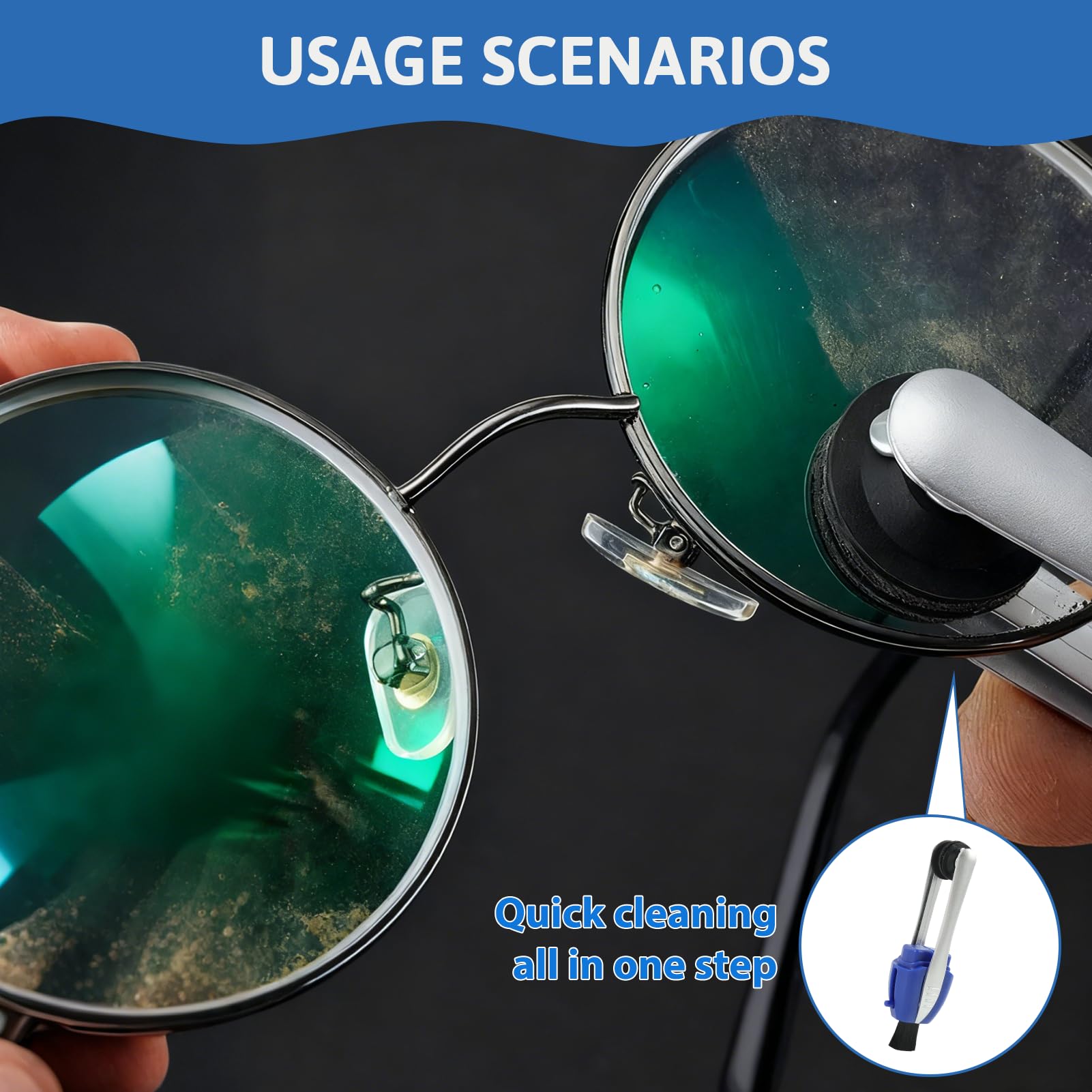 Packaging showing a 3-pack eyeglass cleaner set