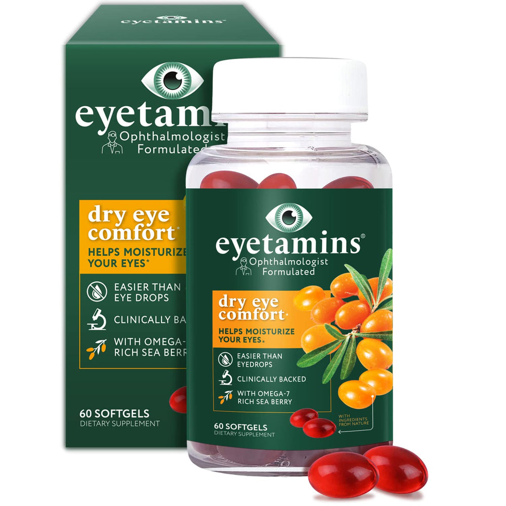 Bottle of Eyetamins Dry Eye Comfort with 60 softgels