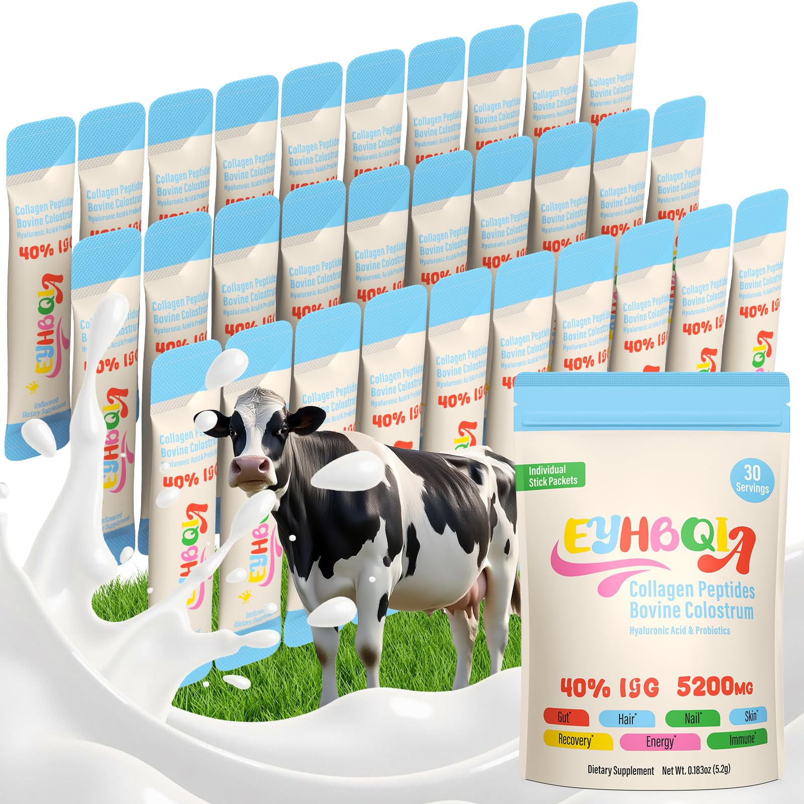 EYHBQIA Collagen & Colostrum Powder bottle label showing 40% IgG