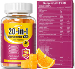 Front view of EYHBQIA Fiber Supplement bottle with orange gummies