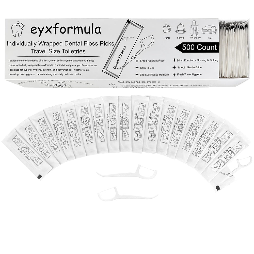 Eyxformula 500-count individually wrapped floss picks in sealed packaging