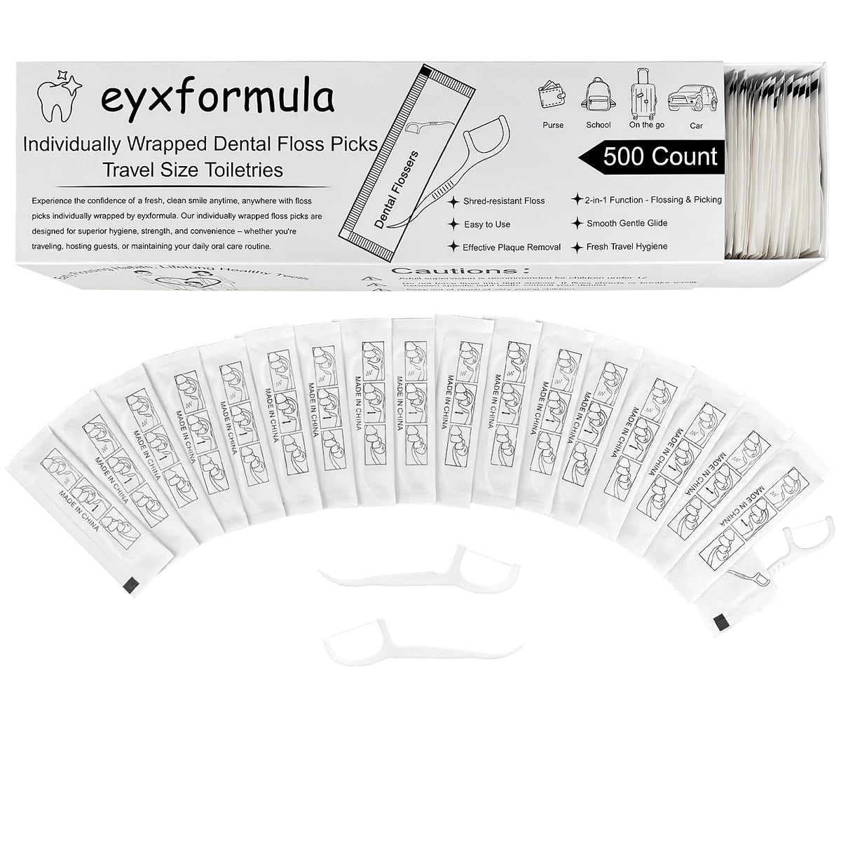 Eyxformula 500-count individually wrapped floss picks in sealed packaging