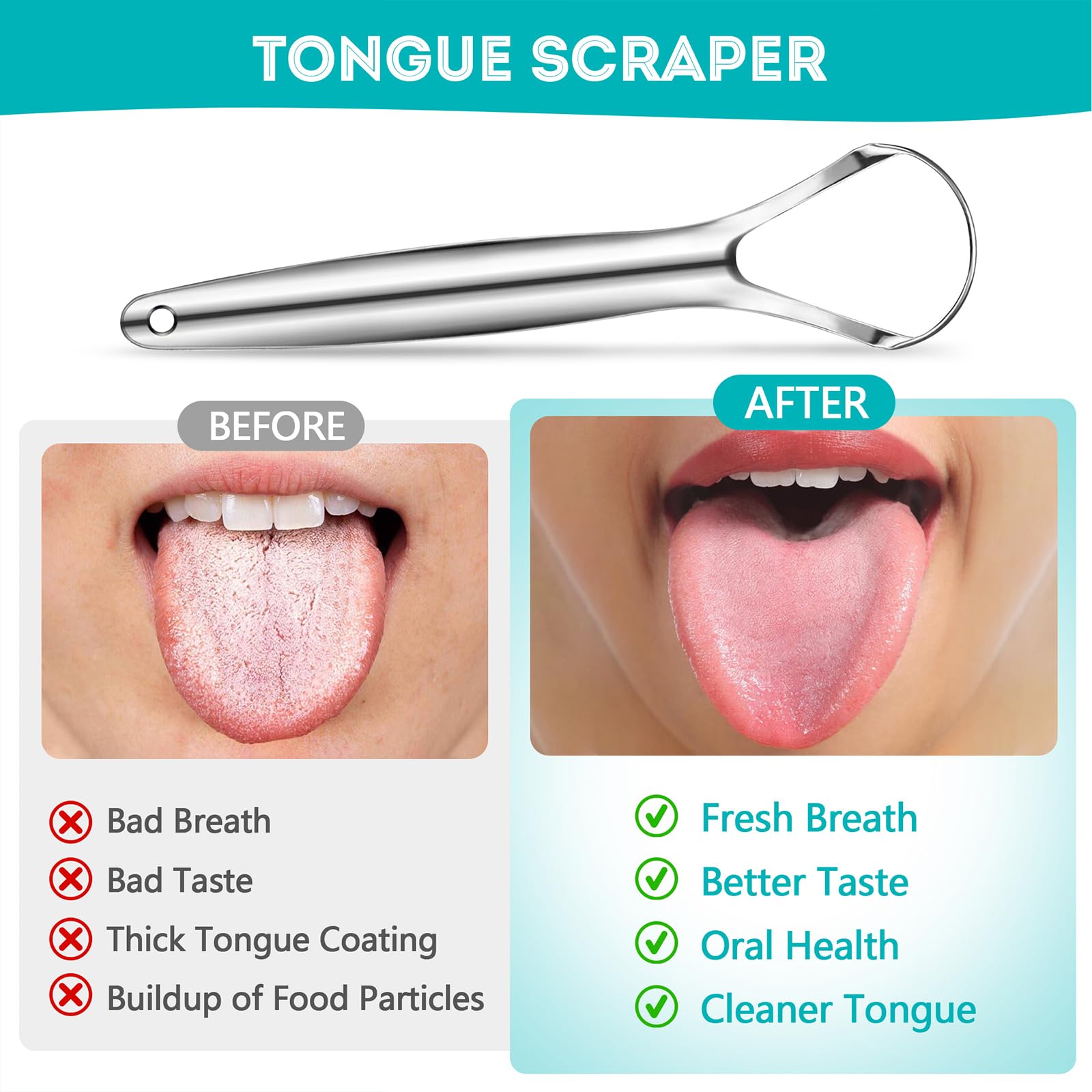 Deep cleaning tongue scraper highlighting stainless steel design