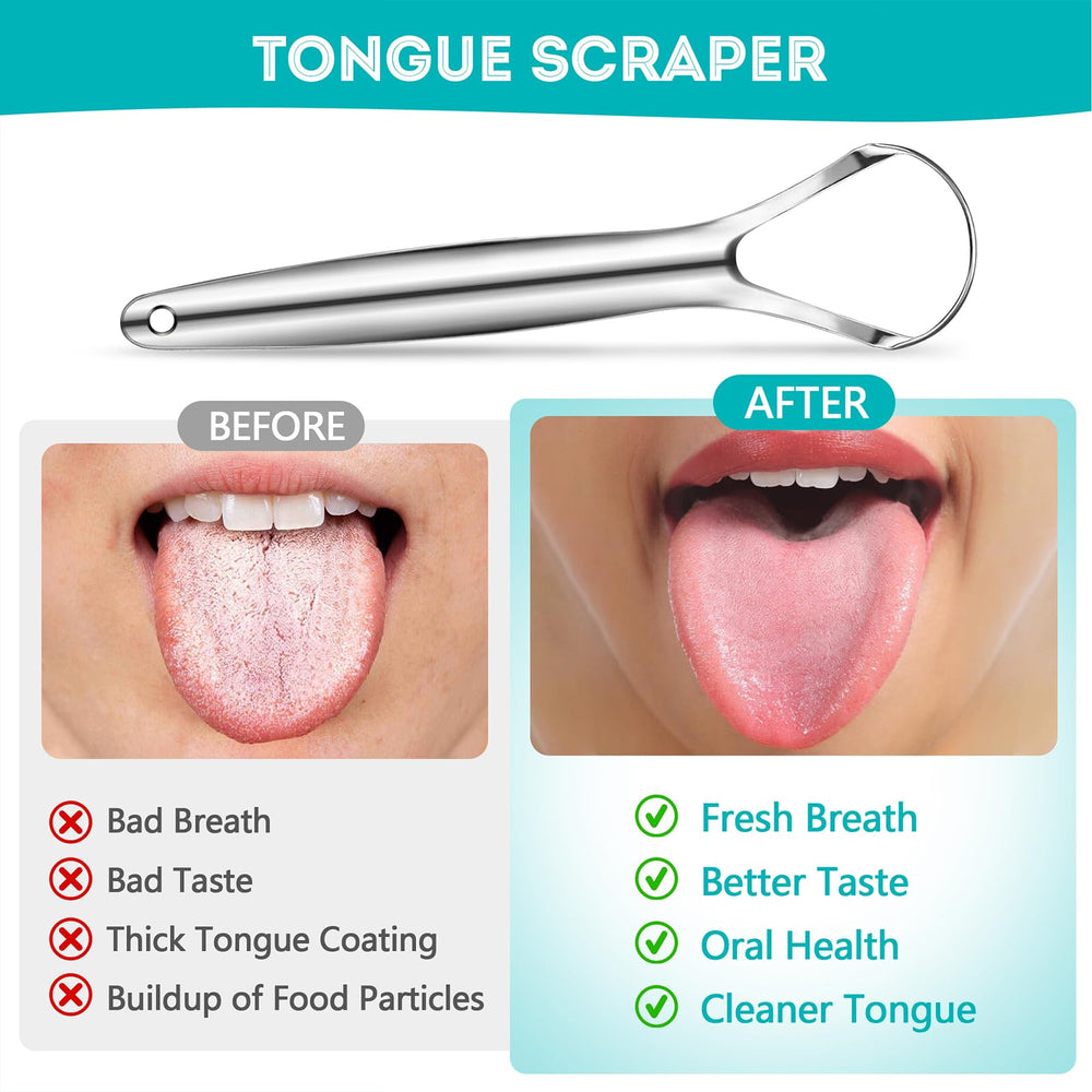 Deep cleaning tongue scraper highlighting stainless steel design