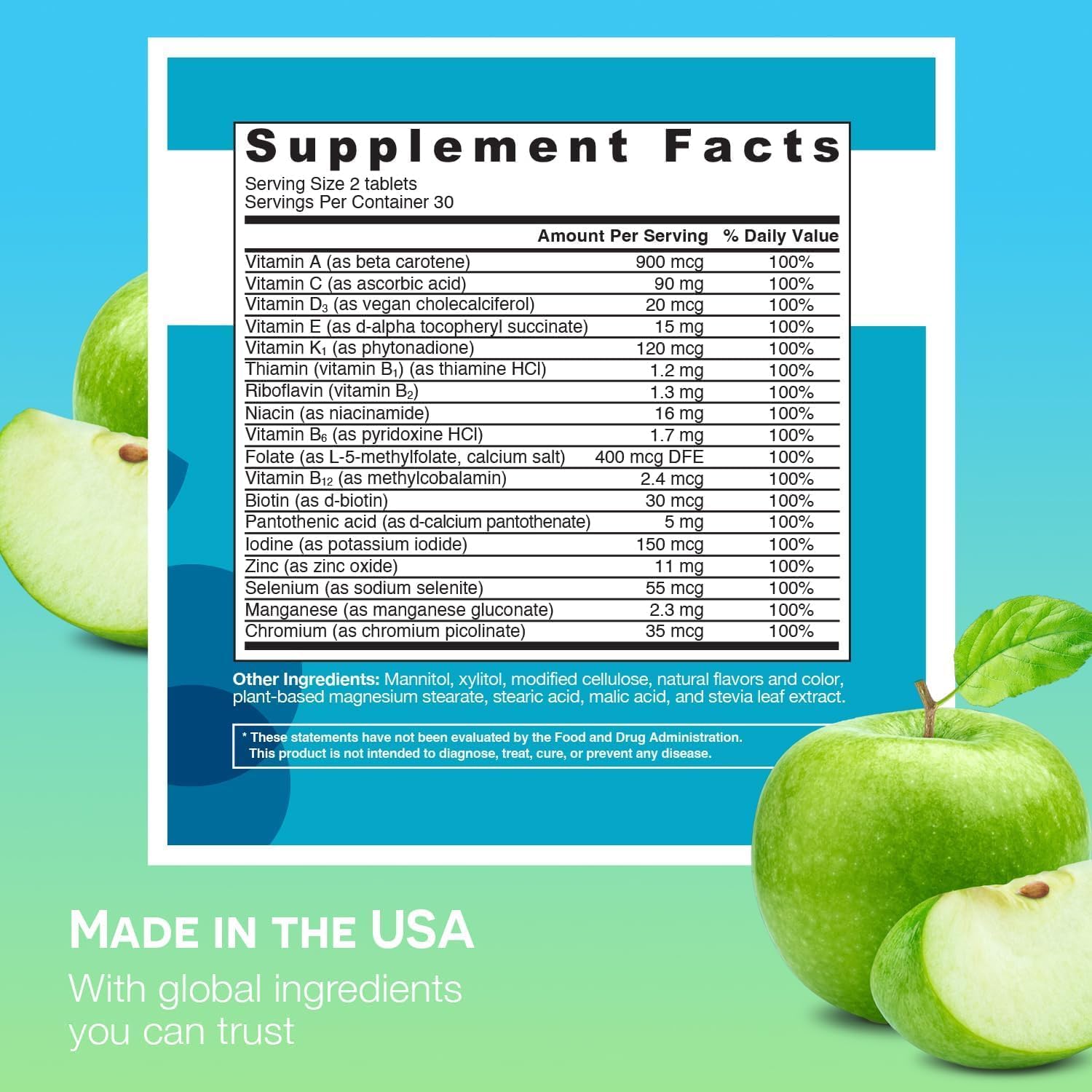 Graphic showing 18 essential nutrients including vitamins A, B6, B12, C, D3 and zinc