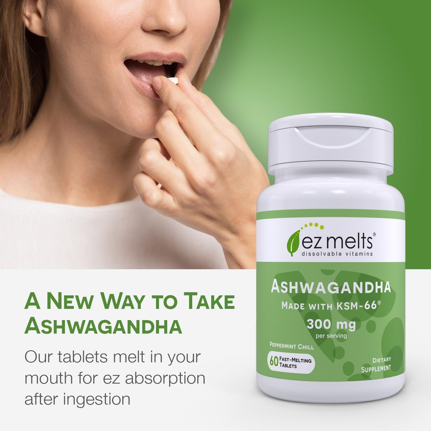 Dissolvable Ashwagandha tablet illustrating fast-melt technology