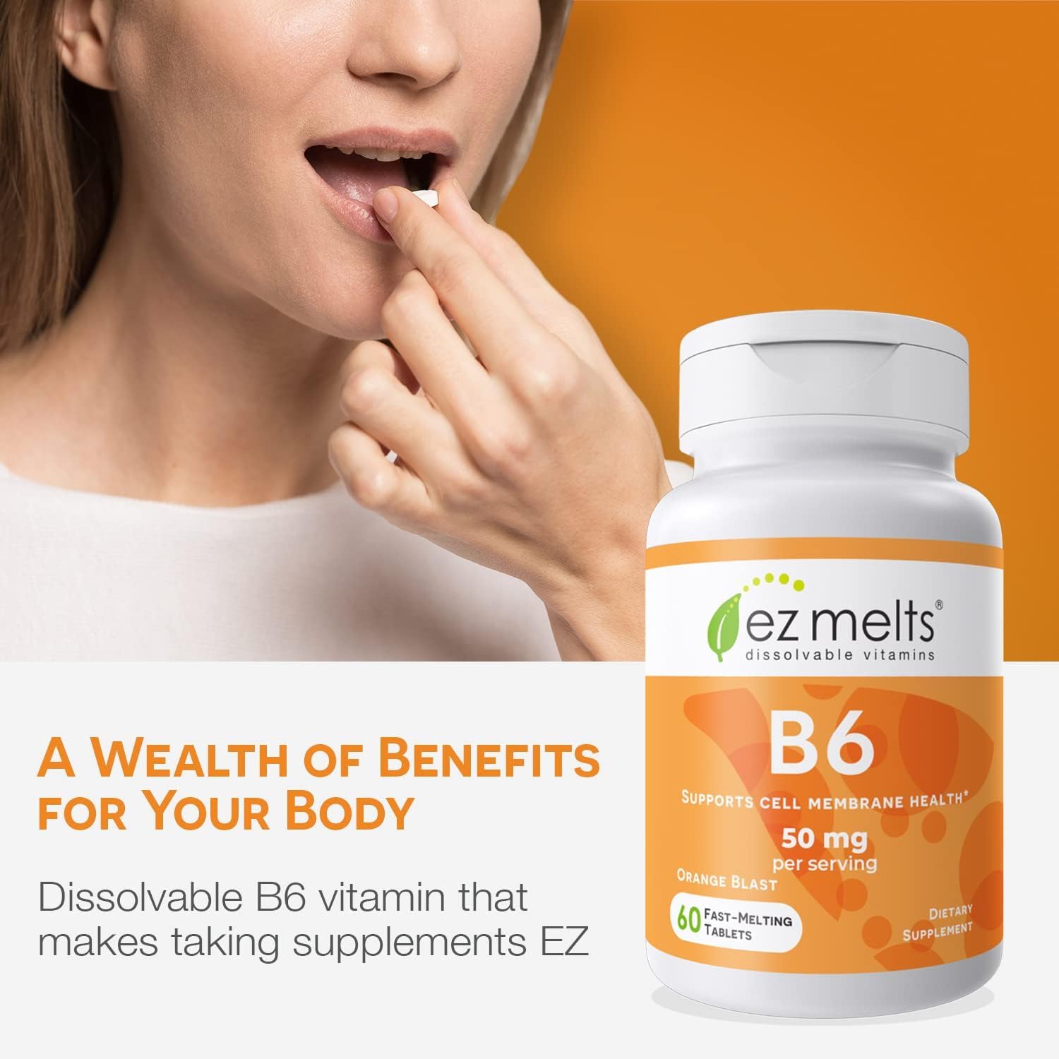 Bottle of EZ Melts Vitamin B6 50 mg dissolvable tablets