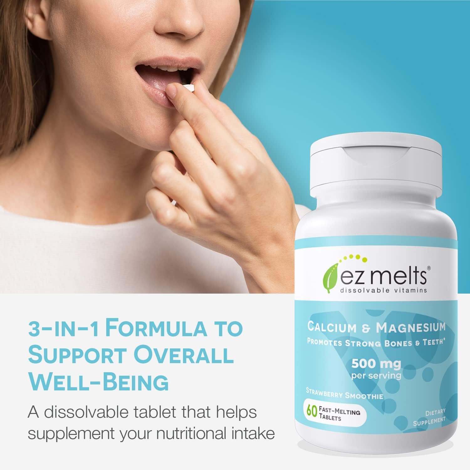 Packaging showing 1-month supply of EZ Melts supplement