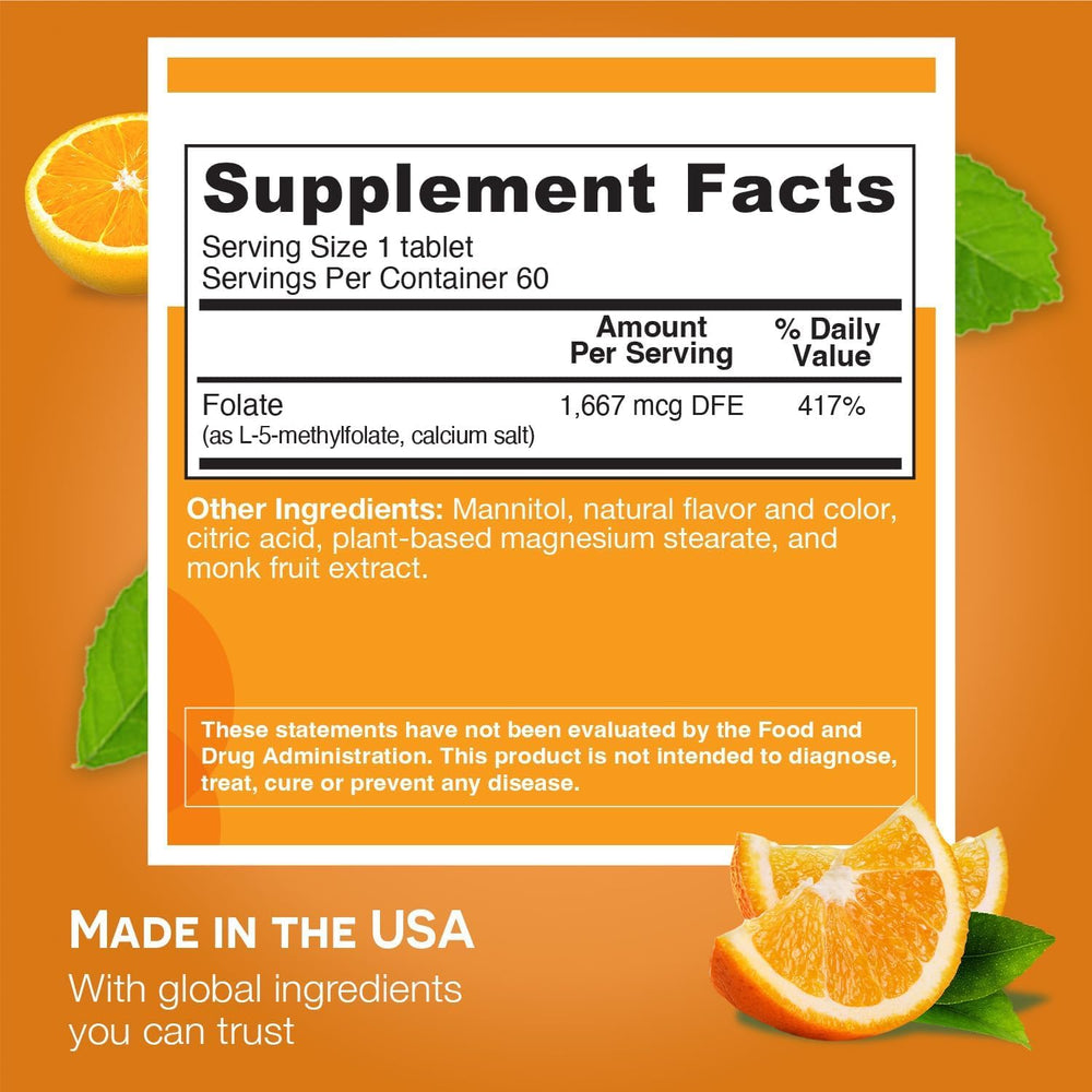 Close-up of dissolvable folate tablet on tongue