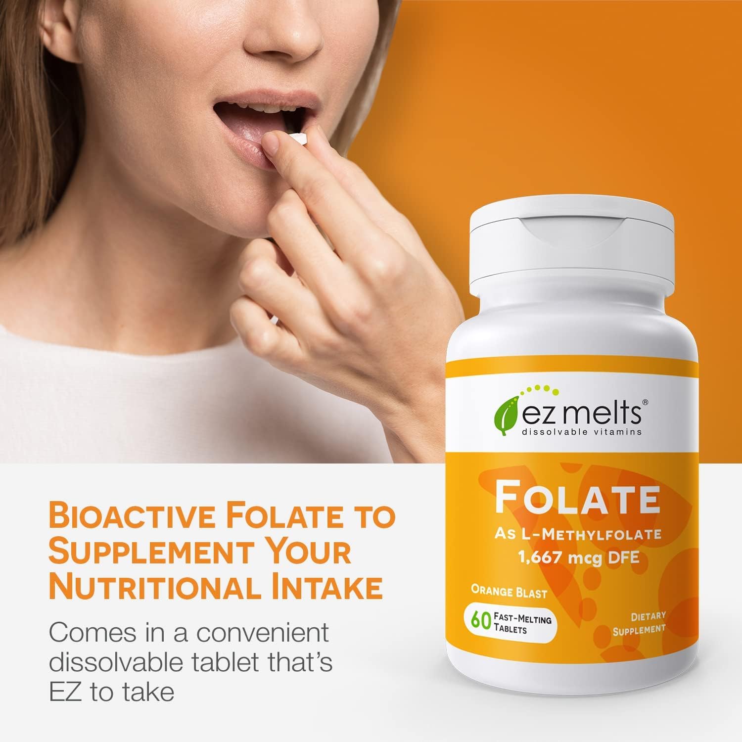Front view of EZ Melts Dissolvable Folate bottle