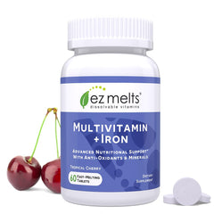 Front packaging of EZ Melts Dissolvable Multivitamin with Iron for women and men