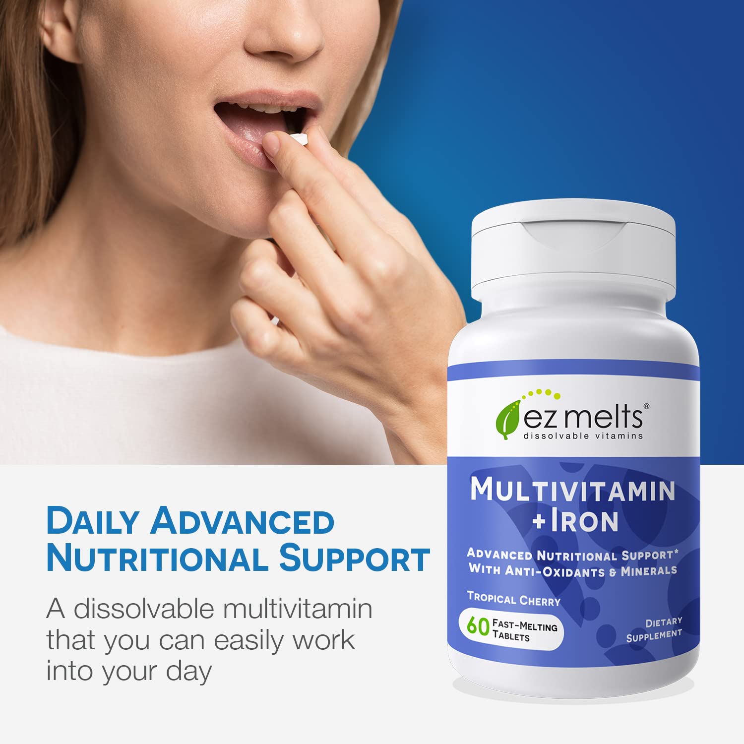 Peach-flavored dissolvable multivitamin tablet dissolving in the mouth
