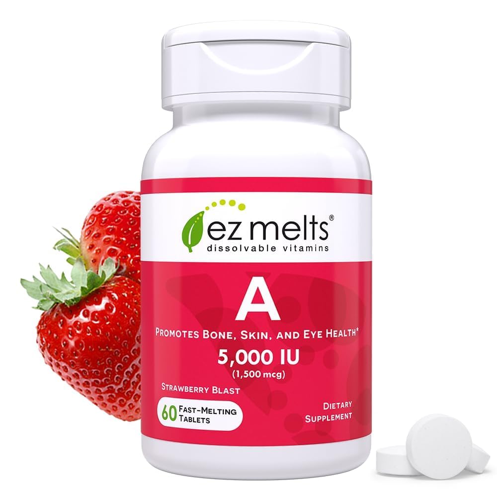 Front view of EZ Melts Vitamin A 5000 IU bottle (1-pack, 2-month supply)