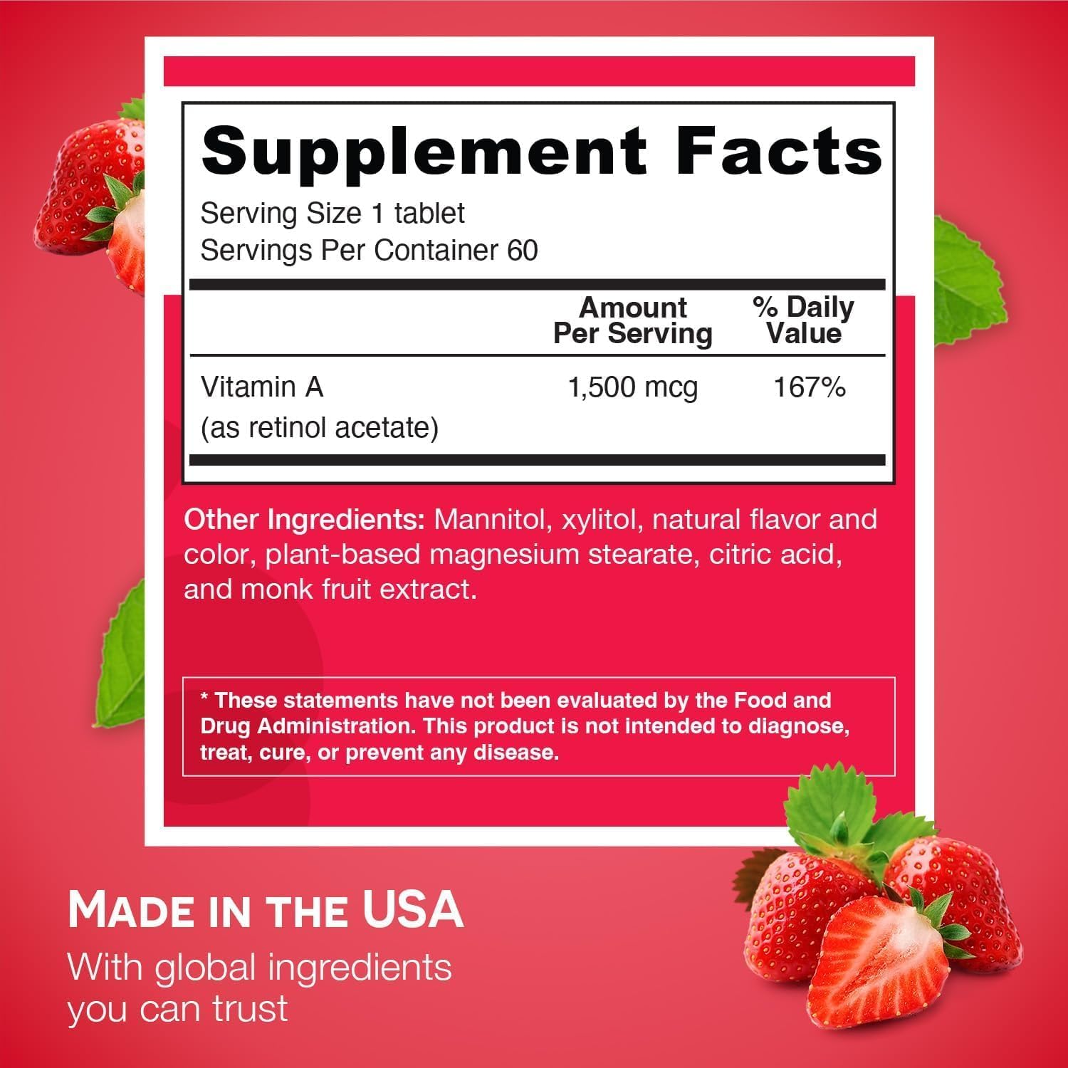 Strawberry-flavored vegan Vitamin A 5000 IU dissolvable tablet