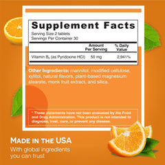 Close-up of orange-flavor dissolvable Vitamin B6 50mg tablets