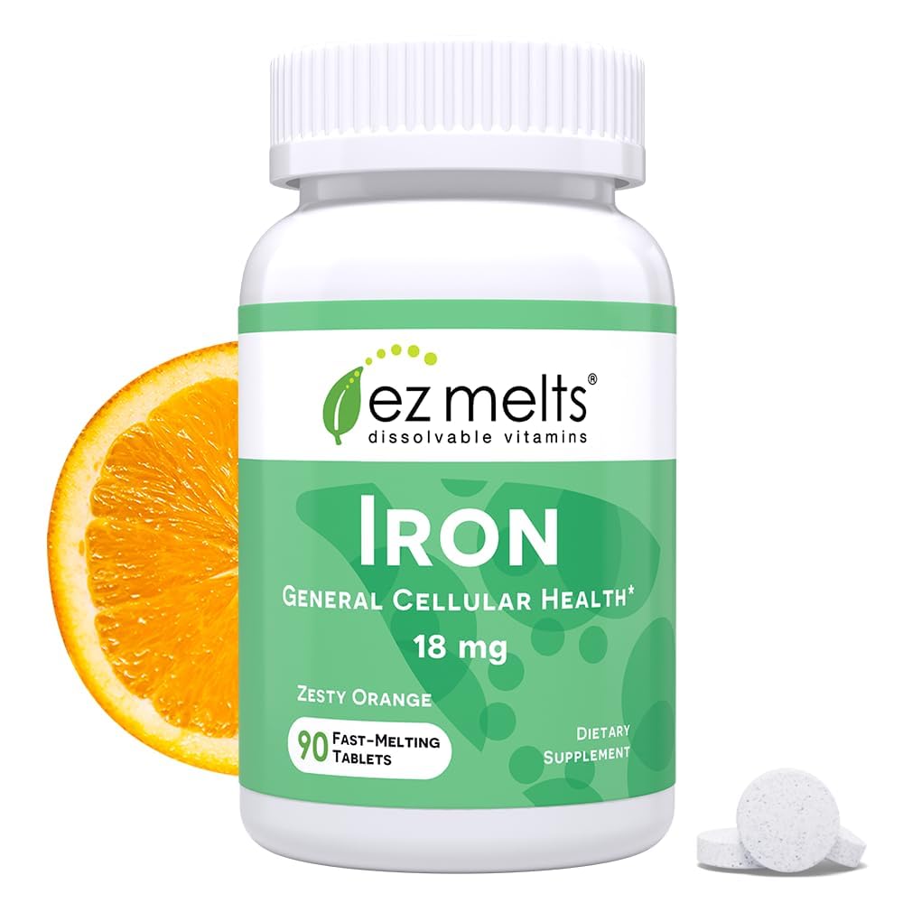 Front view of EZ Melts dissolvable iron supplement bottle, 90 count.