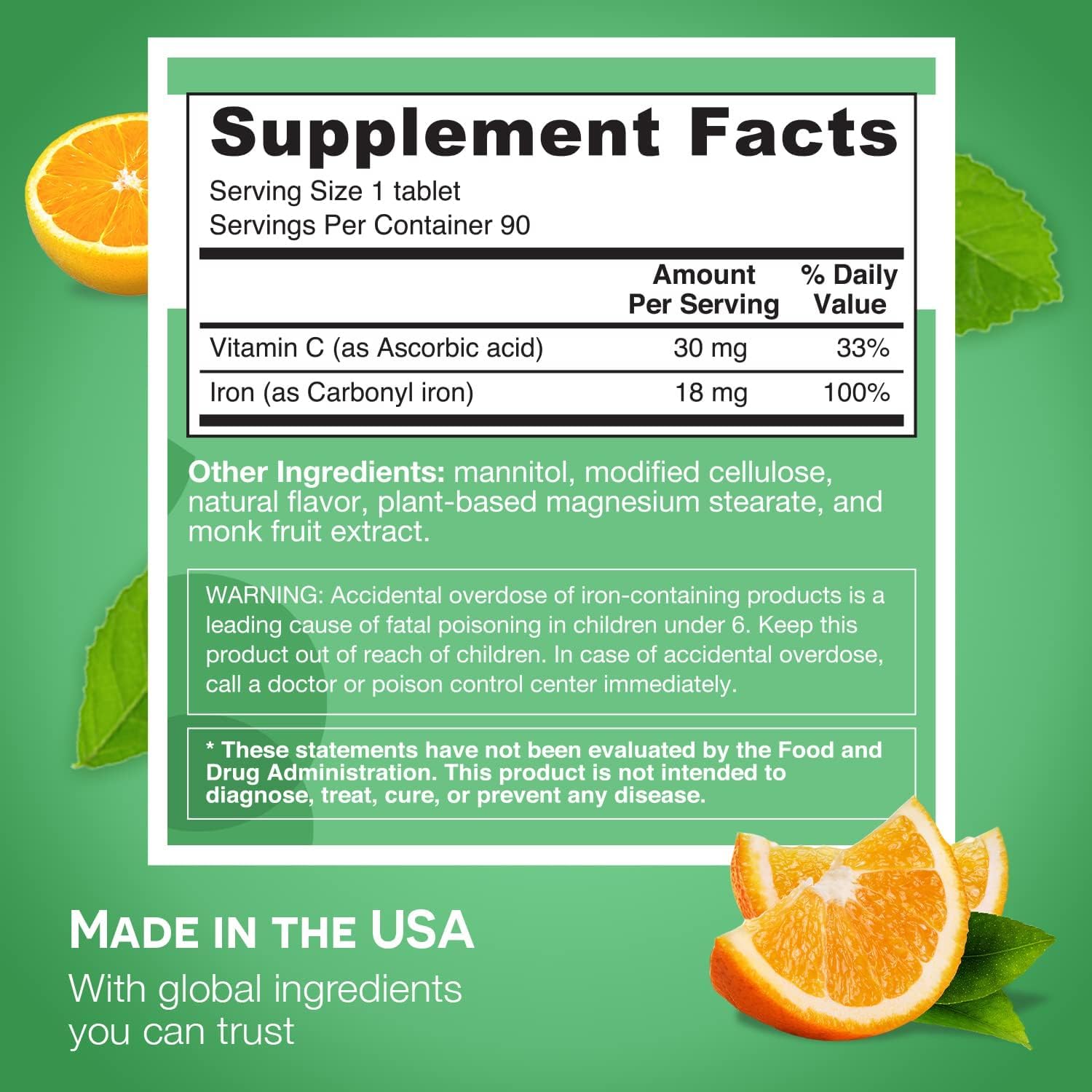 Close-up of orange flavor label on EZ Melts iron supplement bottle.