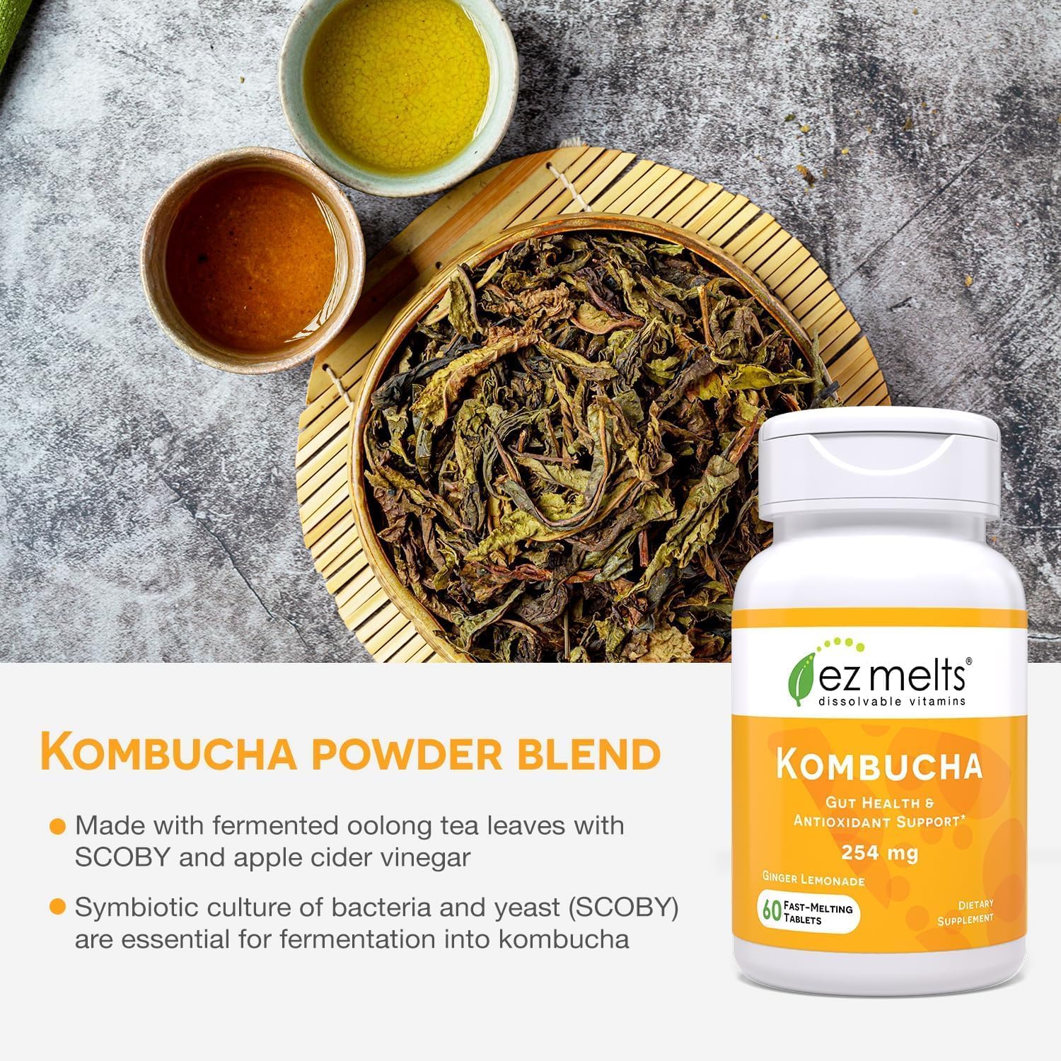 Kombucha powder blend with SCOBY starter and apple cider vinegar