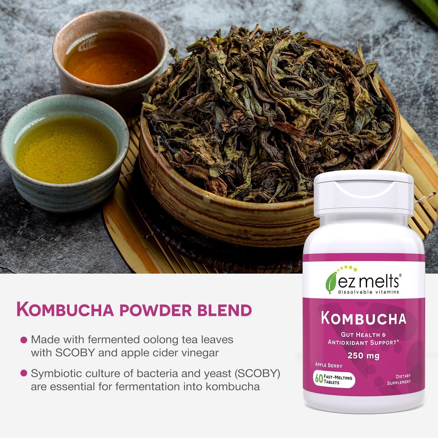 Kombucha tablet ingredients featuring SCOBY starter and apple cider vinegar