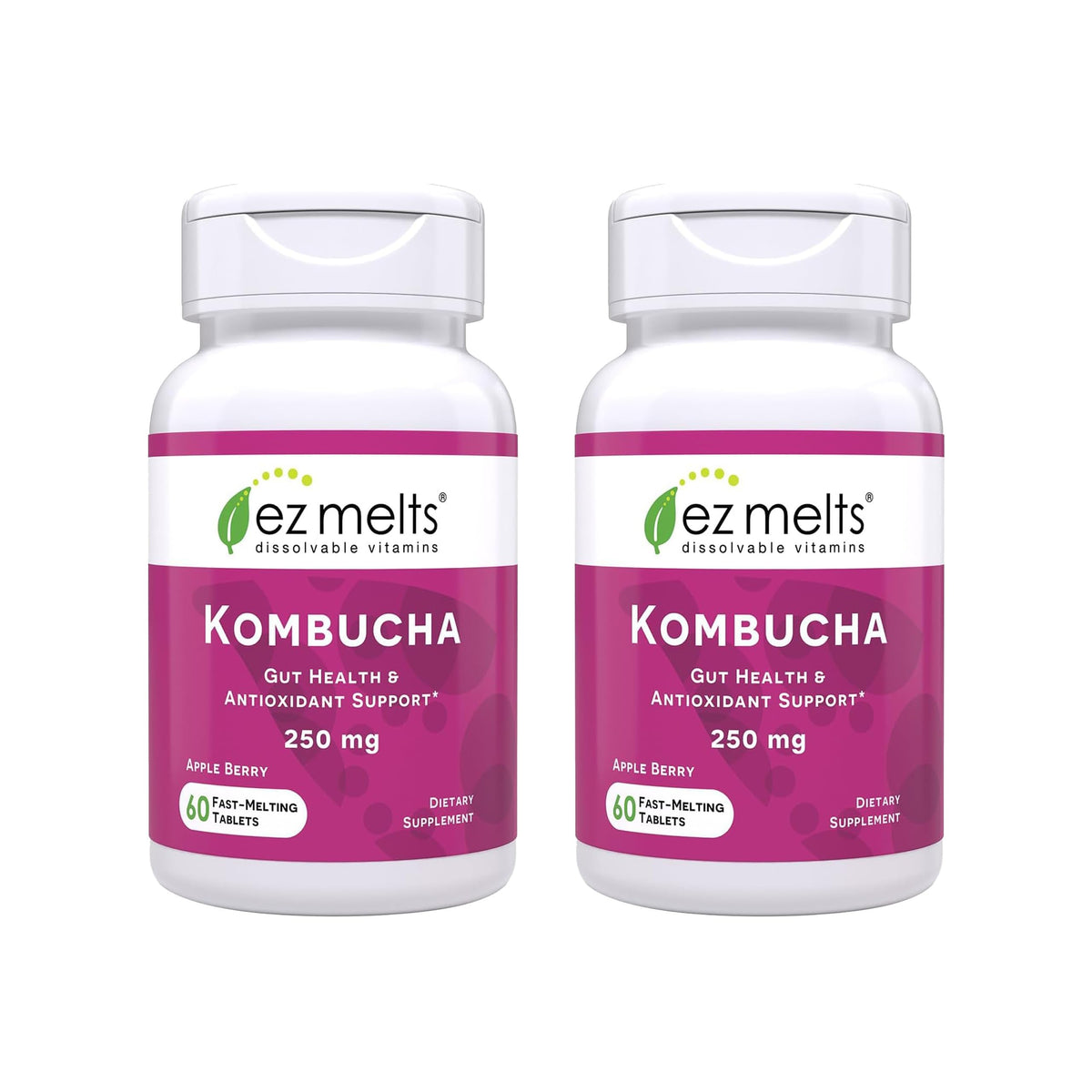 EZ Melts packaging showing the 2-month supply of sugar-free kombucha tablets