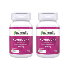 EZ Melts packaging showing the 2-month supply of sugar-free kombucha tablets