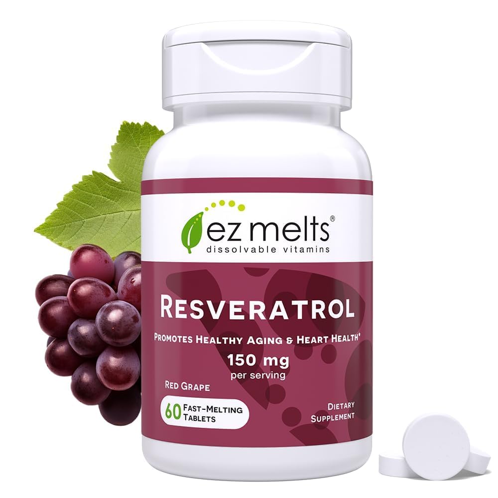 EZ Melts dissolvable resveratrol supplement bottle label with 150 mg per serving