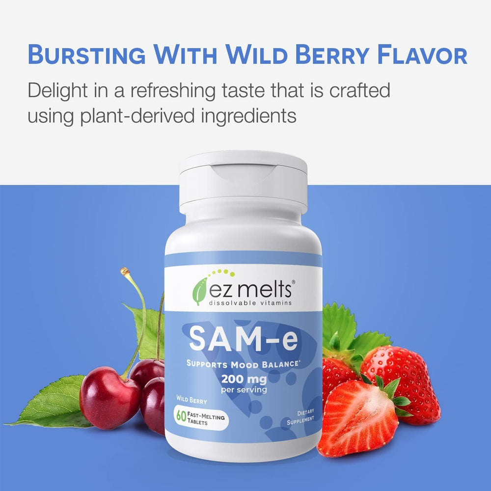 Top view of dissolvable SAM-e tablets with berry flavor