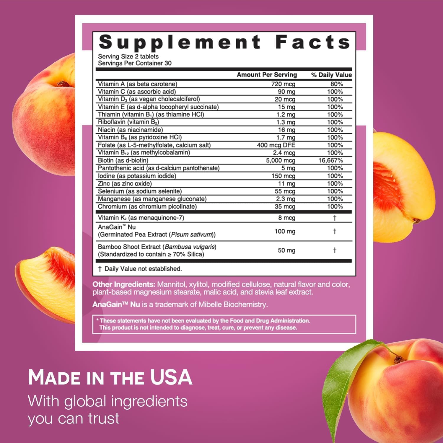 Sugar-peach flavored tablets dissolving in mouth.