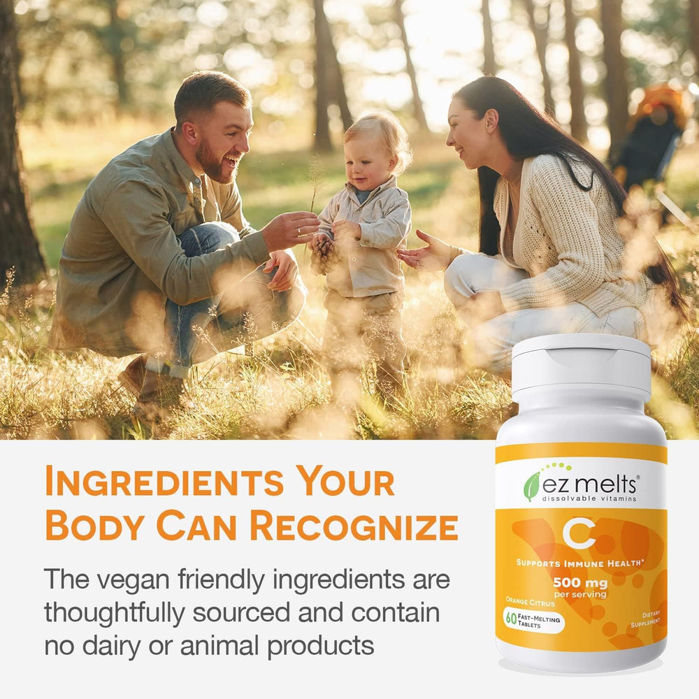 Nutrition facts panel for EZ Melts Vitamin C tablets