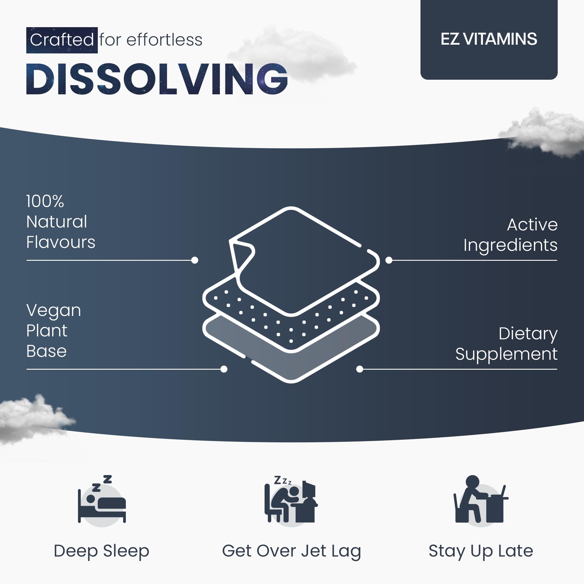 Front packaging of EZ VITAMINS Dissolvable Sleep Strips