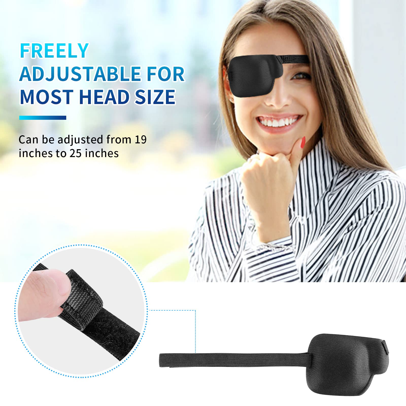 Adjustable headband on EZAKKA eye patches showing 19 to 25 inches